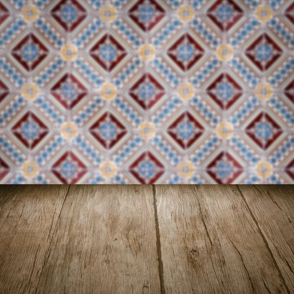 Wood table top and blur  ceramic tile  wall — Stock Photo, Image