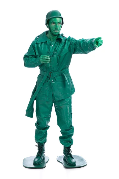 Ο άνθρωπος σε ένα κοστούμι πράσινο παιχνίδι στρατιώτης — Φωτογραφία Αρχείου