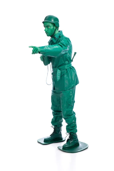 Man on a green toy soldier costume — Stock Photo, Image