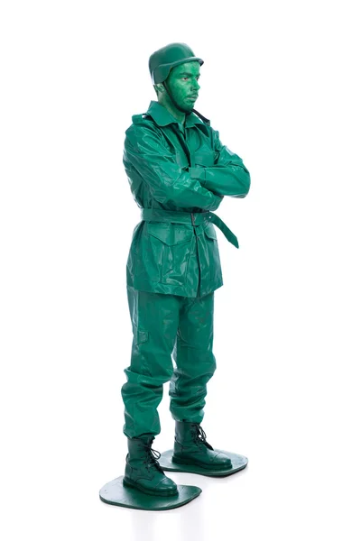 Man on a green toy soldier costume — Stock Photo, Image