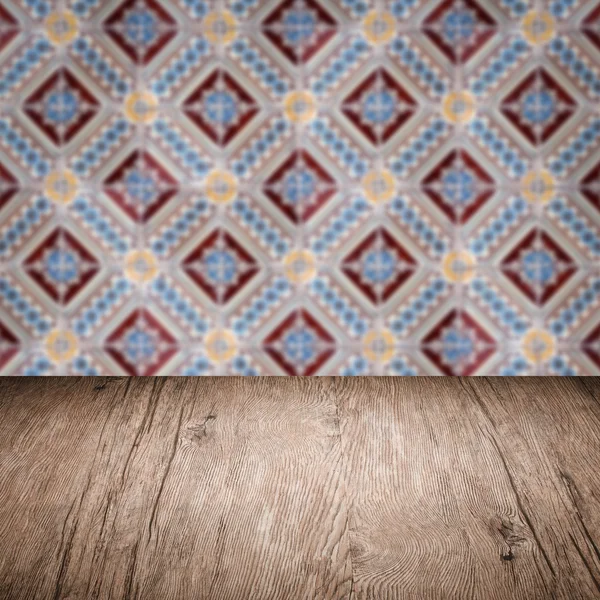 Wood table top and blur  ceramic tile  wall — Stock Photo, Image