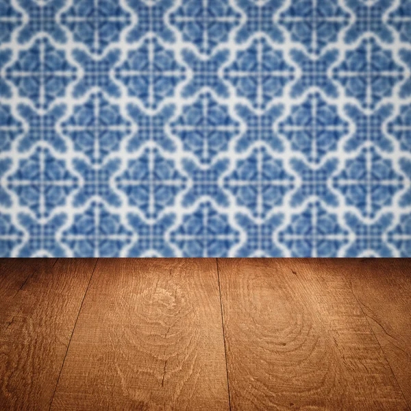 Wood table top and blur  ceramic tile  wall — Stock Photo, Image