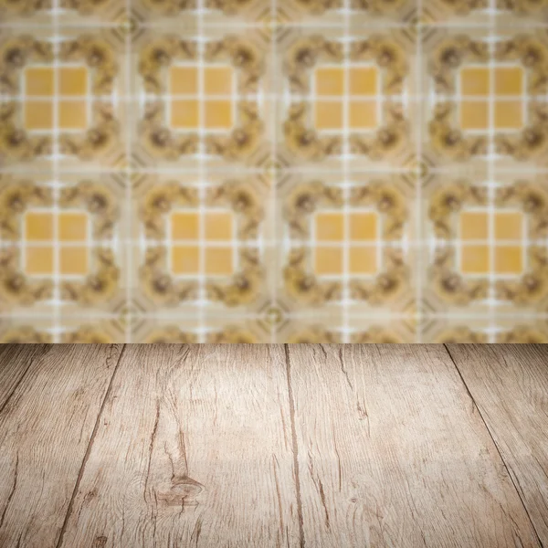 Wood table top and blur  ceramic tile  wall — Stock Photo, Image