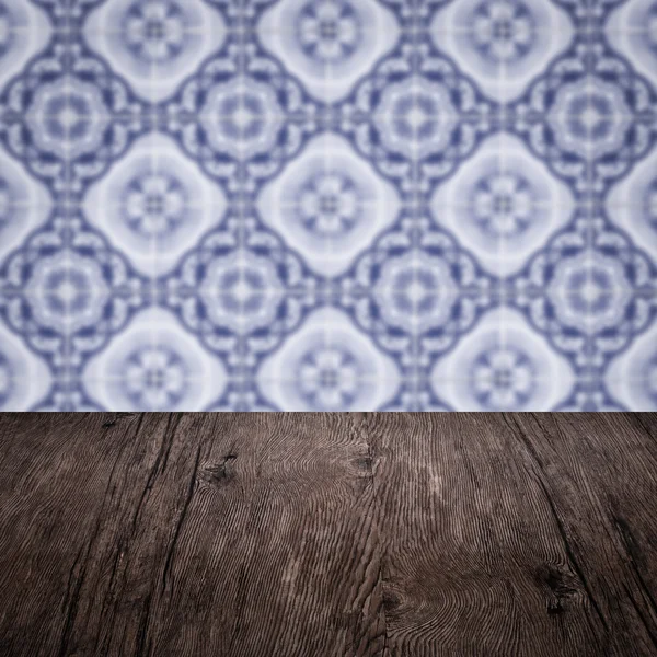 Wood table top and blur  ceramic tile  wall — Stock Photo, Image