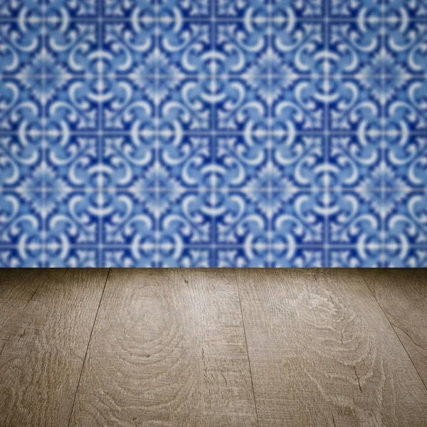 Wood table top and blur  ceramic tile  wall — Stock Photo, Image