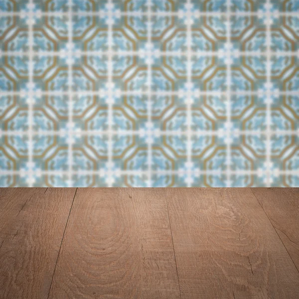 Wood table top and blur  ceramic tile  wall — Stock Photo, Image