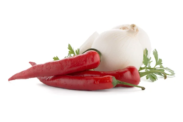 Onions, chilli peppers and parsley — Stock Photo, Image