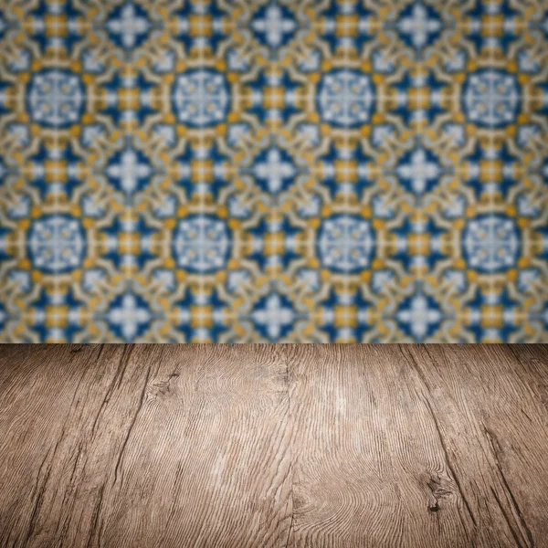 Wood table top and blur  ceramic tile  wall — Stock Photo, Image