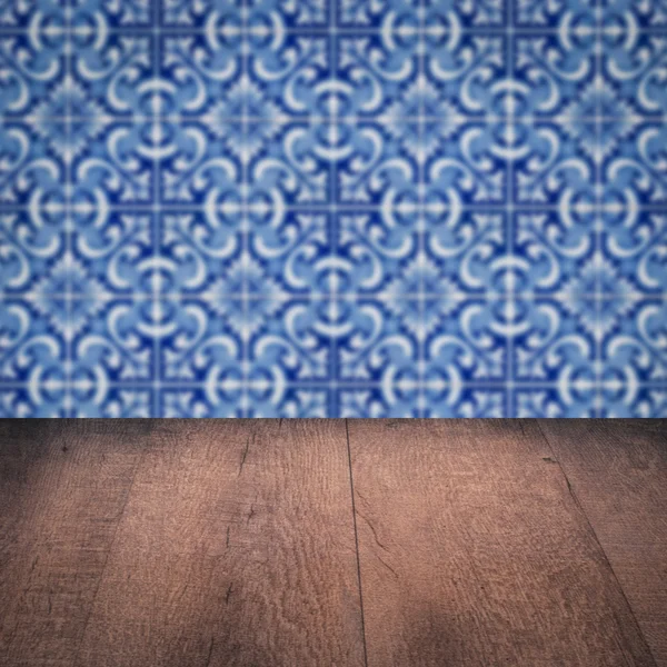 Wood table top and blur  ceramic tile  wall — Stock Photo, Image