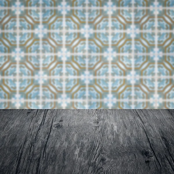 Wood table top and blur  ceramic tile  wall — Stock Photo, Image