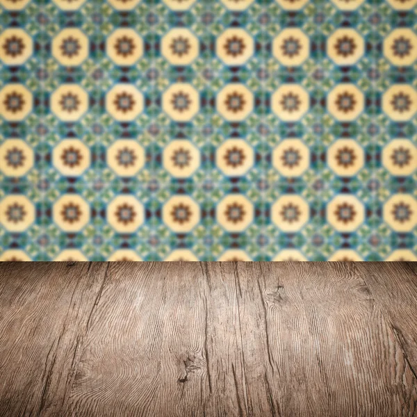 Wood table top and blur  ceramic tile  wall — Stock Photo, Image