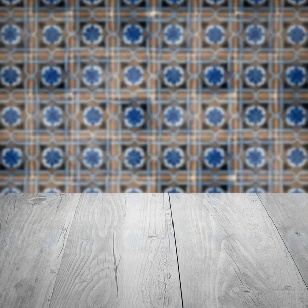 Wood table top and blur  ceramic tile  wall — Stock Photo, Image