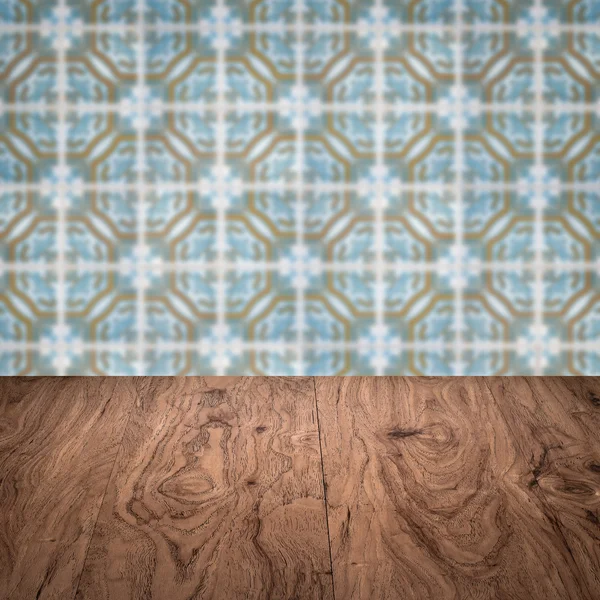 Wood table top and blur  ceramic tile  wall in background — Stock Photo, Image