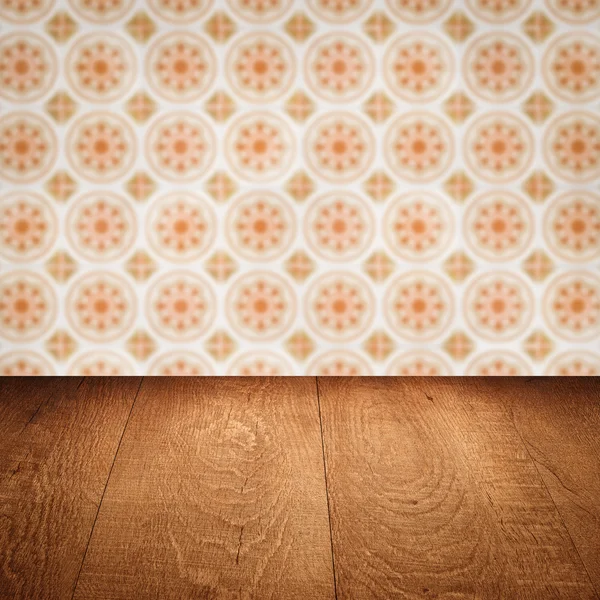Wood table top and blur  ceramic tile  wall in background — Stock Photo, Image