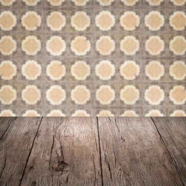 Wood table top and blur  ceramic tile  wall — Stock Photo, Image