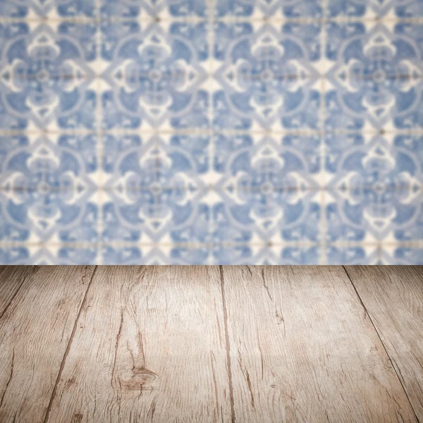 Wood table top and blur  ceramic tile  wall — Stock Photo, Image