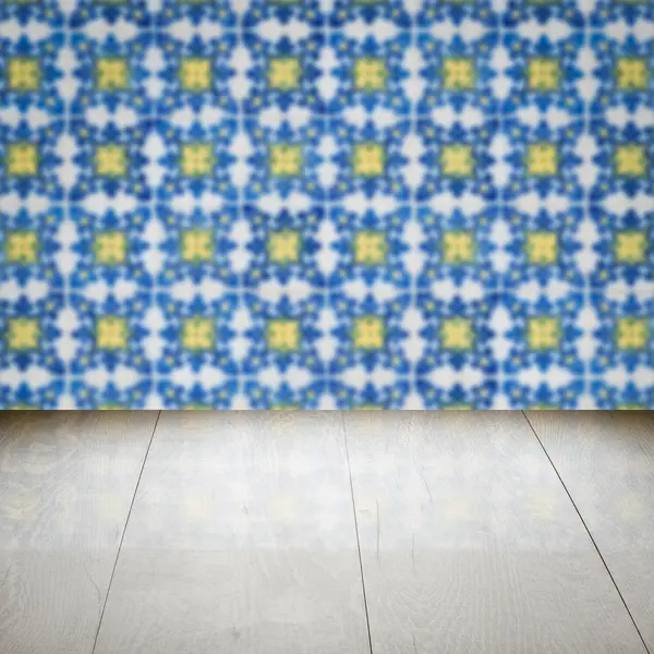 Wood table top and blur  ceramic tile  wall — Stock Photo, Image