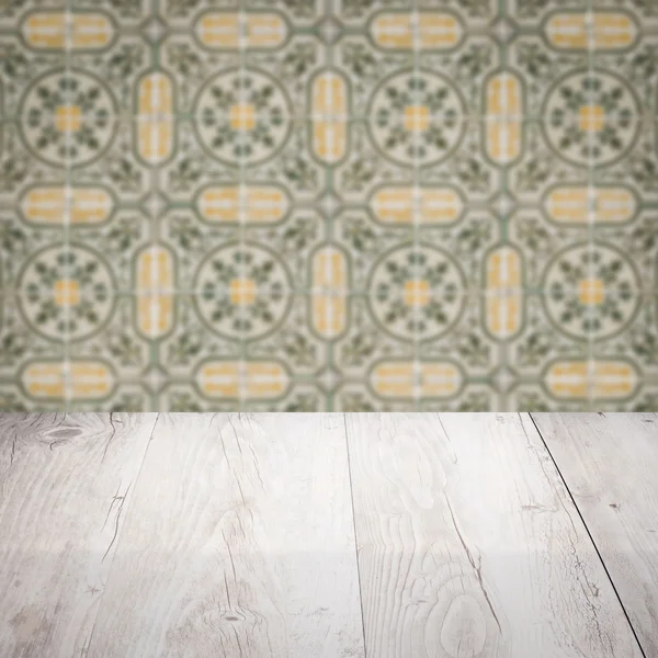 Wood table top and blur  ceramic tile  wall — Stock Photo, Image