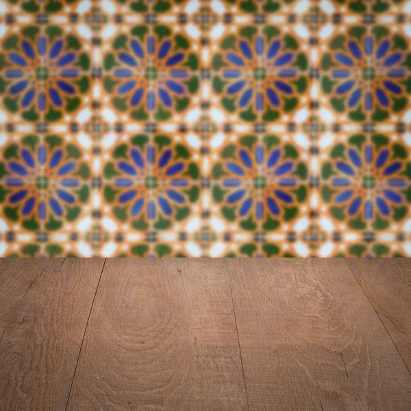 Wood table top and blur  ceramic tile  wall — Stock Photo, Image