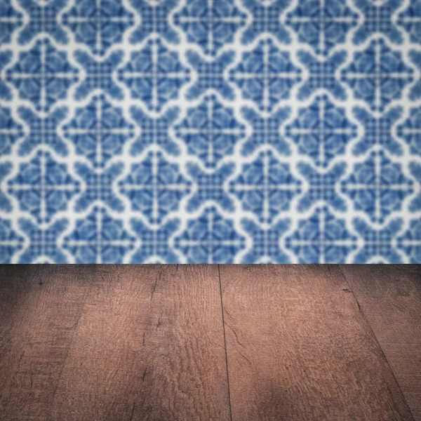 Wood table top and blur  ceramic tile  wall — Stock Photo, Image