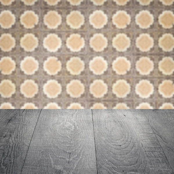 Wood table top and blur  ceramic tile  wall — Stock Photo, Image