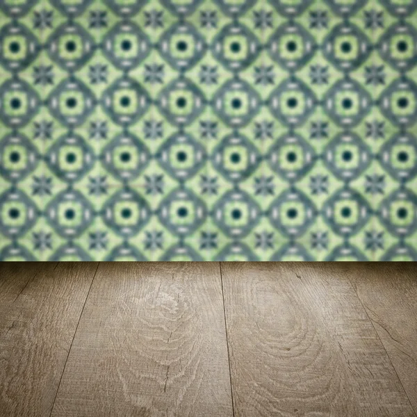 Wood table top and blur  ceramic tile  wall — Stock Photo, Image