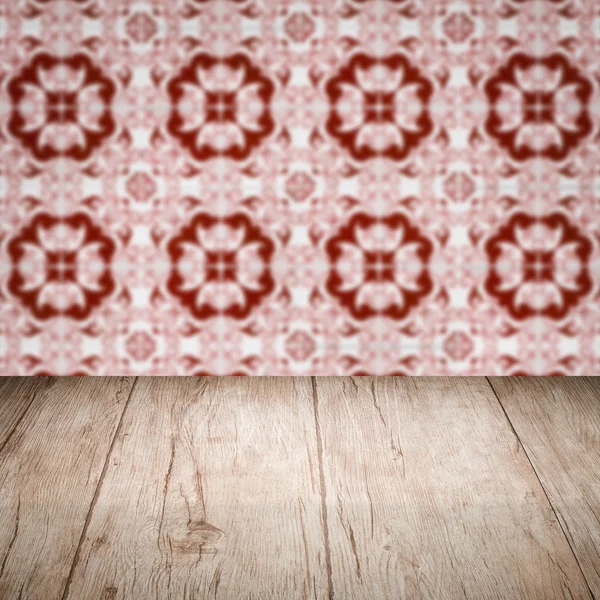 Wood table top and blur  ceramic tile   wall — Stock Photo, Image