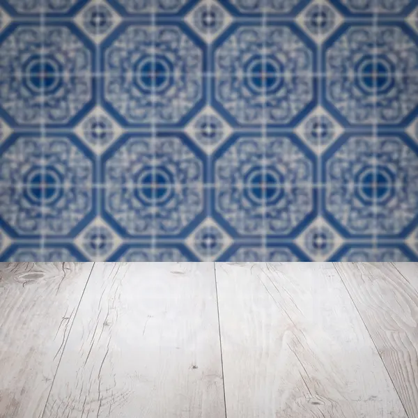 Wood table top and blur  ceramic tile   wall — Stock Photo, Image