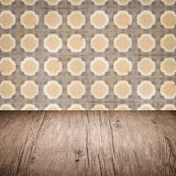 Wood table top and blur  ceramic tile  wall — Stock Photo, Image