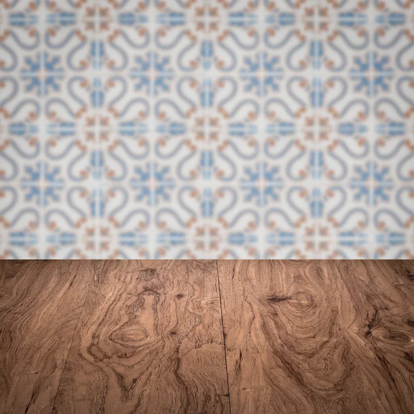 Wood table top and blur  ceramic tile  wall — Stock Photo, Image