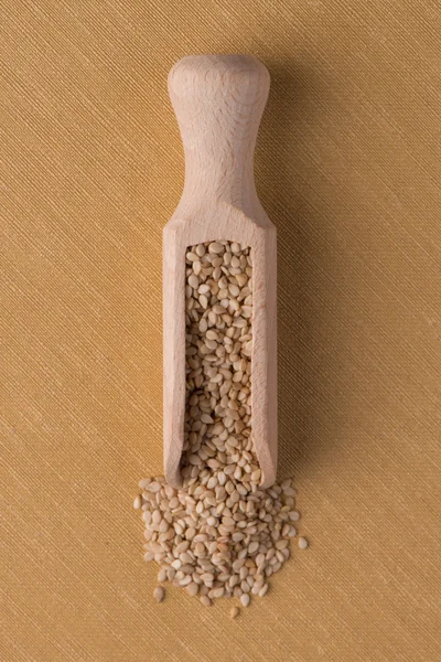 Wooden scoop with sesame seeds — Stock Photo, Image