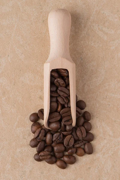 Paletta di legno con chicchi di caffè — Foto Stock