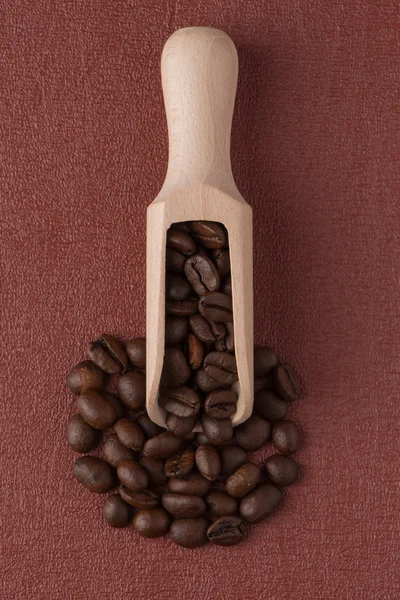 Wooden scoop with coffee beans — Stock Photo, Image