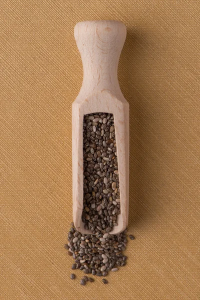 Wooden scoop with chia seeds — Stock Photo, Image