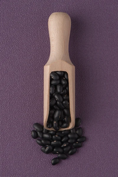 Wooden scoop with black beans — Stock Photo, Image