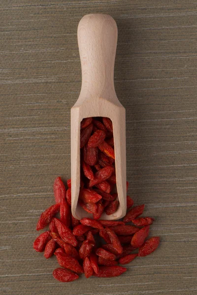 Pala de madera con bayas rojas secas de goji — Foto de Stock