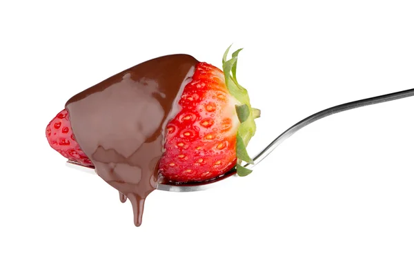 Strawberry and chocolate on a fork — Stock Photo, Image