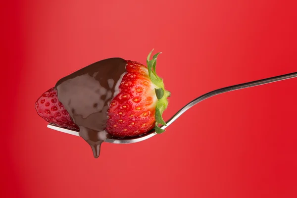 Morango e chocolate em um garfo — Fotografia de Stock