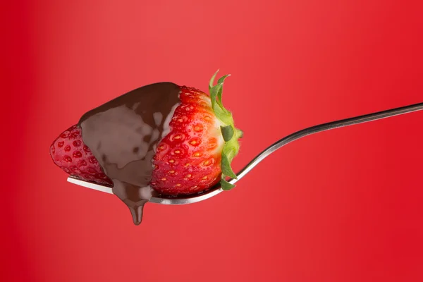 Strawberry and chocolate on a fork — Stock Photo, Image