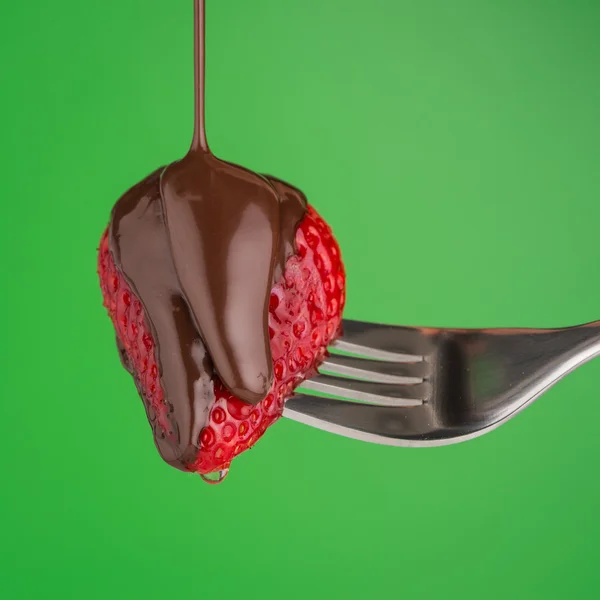 Strawberry and chocolate on a fork — Stock Photo, Image