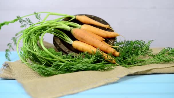 Zanahorias sobre una mesa de madera — Vídeo de stock