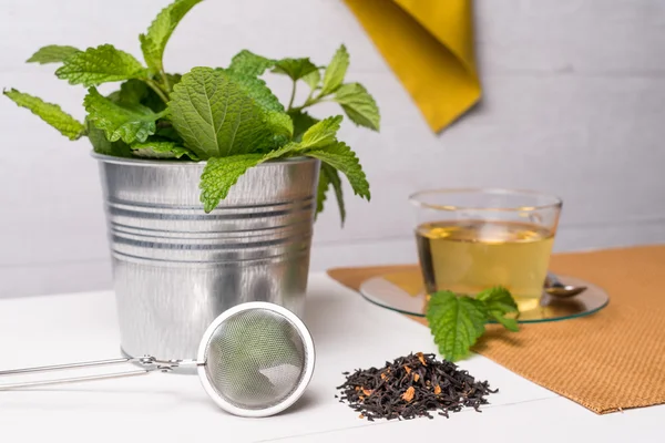 Té de hierbas con melisa en una taza de vidrio — Foto de Stock