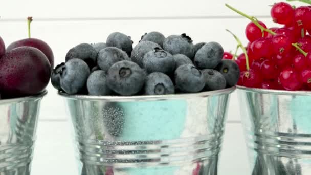 Blueberries in small metal buckets — Stock Video