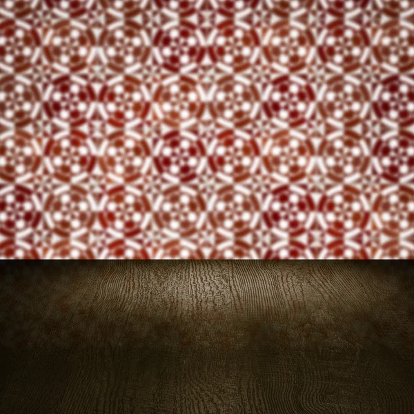 Wood table top and blur vintage ceramic tile pattern wall — Stock Photo, Image