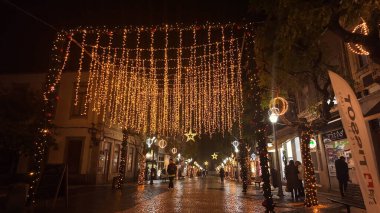 ESPINHO, PORTUGAL - 6 Aralık 2025: Portekiz 'in Espinho şehrinde popüler bir yaya alışveriş caddesi, mağaza vitrinleri ve ağaçlar da Noel için dekore edilmiş, üst üste gelen sıcak sarı iplik ışıkları ile kaplıdır..