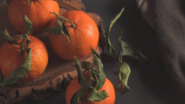 Doğal yeşil yapraklı dört taze, çiğ mandalina koyu kenarlı ahşap kabuk parçaları üzerinde ustalıkla düzenlenir, koyu gri bir tekstil ile zıtlaşır. Gösterişsiz, dramatik ışıklandırma canlı turuncu rengi ve ıslak dokuyu geliştirir.