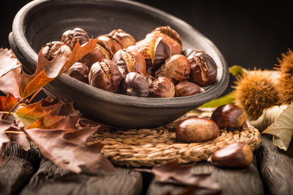 Roasted chestnuts and leaves