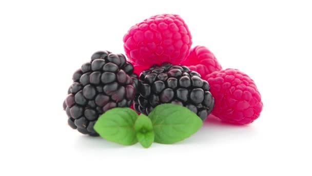 Raspberries and blackberry with mint leaf — Stock Video