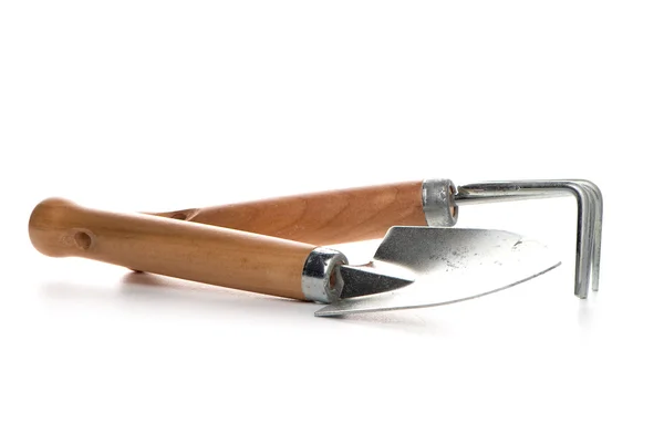 Små trädgårdsarbete spade och gaffel — Stockfoto
