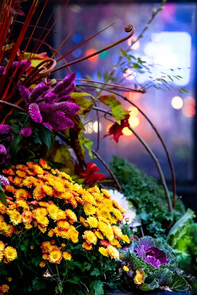 Floral Ainda Vida Noite Com Cores Vibrantes Luzes Bokeh — Fotografia de Stock